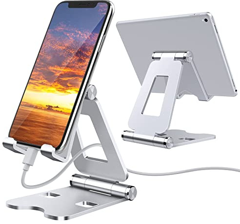 DeTake Phone Stand, Height Angle Adjustable Phone Holder, Portable Metal Desk Phone Stand, Universal Stand, Cradle, Holder for iPhone SE 13/12/11/Pro/XR/XS/Max, HUAWEI, Samsung, iPad 4-13 inch-Silver
