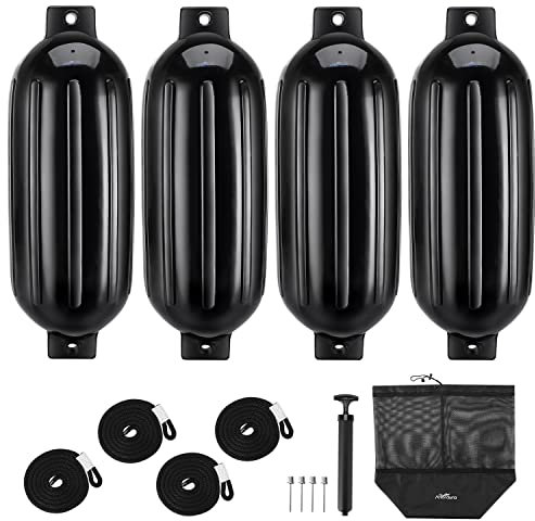 Affordura Boat Fenders 4 Pack Boat Bumpers with Ropes, Black, 10 in