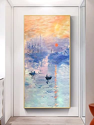 Reproduktion Impressionist Claude Monet Wasser Lotus Sonnenaufgang Segelboot LeinwandMalerei --Vertikale handgemalte Ölmalerei-Impressionismus Retro Hazy WandKunst Bild für Wohnzimmer,Farbe,50×10