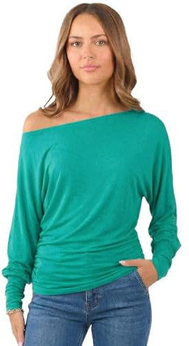 Crazy Girls Womens One Off-Shoulder Tops with Long Sleeves, Off Shoulder Batwing Jumper, Ladies Batwing Top in Black, Red, White Plus 21 Colors More UK