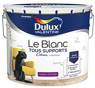 Dulux Valentine Le Blanc Tous Supports Crème de Peinture - Peinture Intérieure Murs, Plafonds, Boiseries et Radiateurs - Velours Blanc 10 L