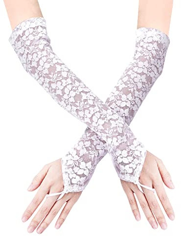 KINBOM Long Lace Gloves, Bridal Gloves for Wedding Fingerless Lace Gloves for Women Tea Party 1920s Costumes Opera Party Masquerade, Elbow Length 15.7inch (White)