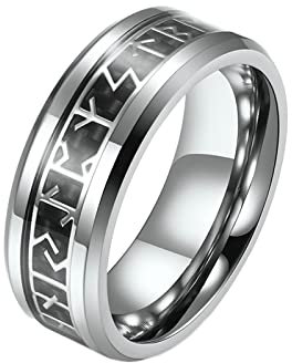 KnBoB 8MM Trauringe für Männer, Silber Wikinger Kohlenstoff Wolfram Trauring für Herren Größe 70 (22.3)