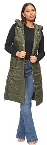 Parsa Fashions WOMENS LADIES LONG LINE HOODED PUFFER GILET JACKET COAT PADDED VEST TOP BODY WARMER Sizes Small to 3XL