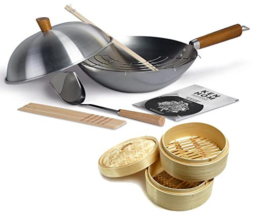 Ken Hom 11-tlg. Wok-Set 31 cm aus Karbonstahl mit Holzgriff - Wokpfanne ohne Induktion - Set inkl. Dampfgarer Ø 20 cm
