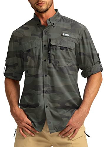 Herren Sonnenschutz Angelshirts Langarm Reise Arbeit Shirts für Herren LSF 50+ Knopfleiste Hemden mit Reißverschlusstaschen, Tarnfarbe, L