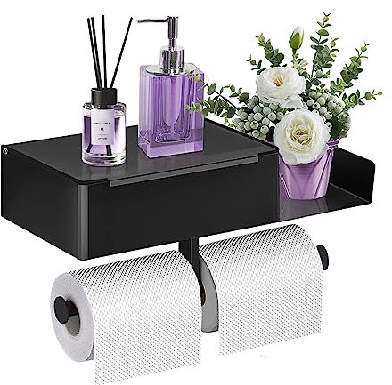 Porta Rollos de Papel Higienico, Portarrollos Papel Higienico, Soporte Papel Higienico con Caja de Almacenamiento con Pañuelos Húmedos, Portarollos Papel Higienico Adhesivo para Cocina y Baño, Negro