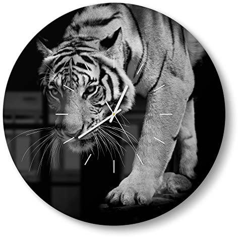 DEQORI Glasuhr | rund Ø 50 cm | Motiv Pirschender Tiger | große XXL Design Uhr aus Glas | leise Wanduhr für Wohnzimmer & Küche | Moderne Hingucker Uhr für die Wand