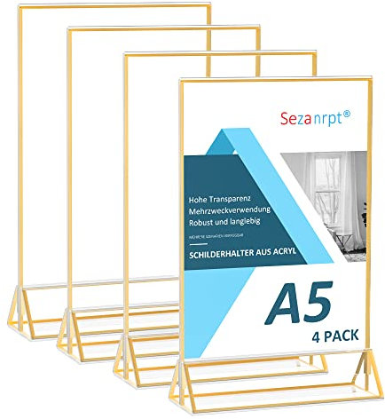 Sezanrpt A5 Acryl Schildhalter Goldrand 4-Pack, vertikaler klarer Zeichen-Anzeigehalter für Restaurant-Menü-Anzeige, Hochzeit Tischnummern, Werbeanhänger, Fotos-Anzeige…