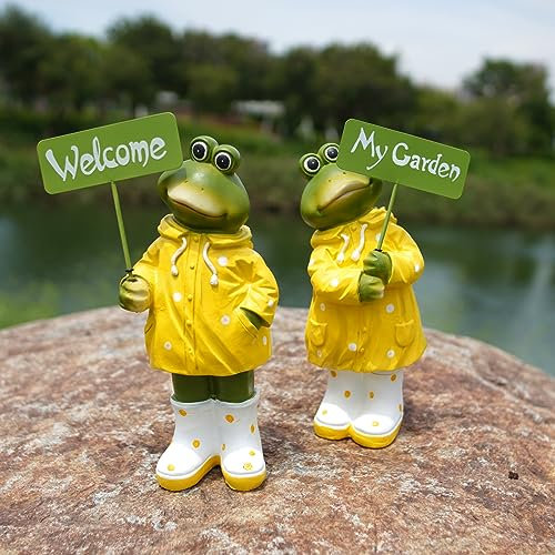 HONGLAND Statue de jardin en résine en forme de grenouilles – Adorable décoration d'extérieur avec panneaux de bienvenue pour pelouse, balcon, cour, grenouille cadeau pour femme
