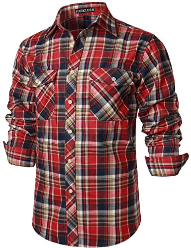 PARKLEES Men's Casual Regular Fit Button Up Flannel Checked Plaid Shirts with Pockets PZLCL41 Dusty Multicolored XL