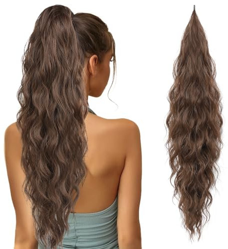 FLUFYMOOZ Ponytail Extension 81cm Pferdeschwanz Verlängerung, flexible, umwickelte Pferdeschwanz lang gewellt lockig, Pferdeschwanz synthetisches Haarteil für Frauen (Mittelbraunes Schokoladenbraun)