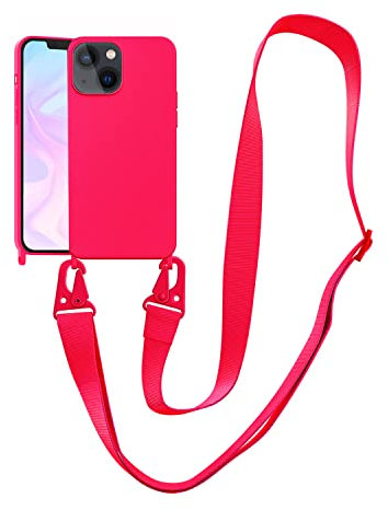 Handykette Handyhülle kompatibel mit Apple iPhone 15 Necklace Hülle Nylon Schultergurt Weich Silikon TPU Cover mit Kordel zum Umhängen Schutzhülle mit Stylische Band(Rote Rose)