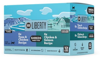 BIXBI Liberty Wet Cat Food Shreds Variety Pack Featuring Chicken/Salmon Recipe & Tuna/Chicken Recipe – (2.75 Ounce Cans, Case of 12)