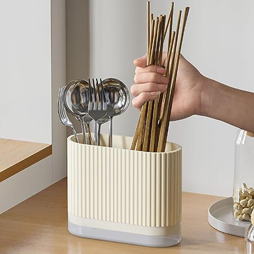 Porte-ustensiles De Cuisine,Egouttoir à Couverts,Porte-Ustensiles,Organisateur De Couverts En Plastique, Support D'argenterie Beige, Organisateur De Rangement D'ustensiles De Comptoir Pour la Cuisine