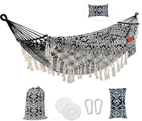 ROOITY 2 Person Hammock with Pillow,Indoor Hammocks with Portable Carry Bag Deluxe Macrame Fringe,Curved Spreader Bar,Side Pocket,Polycotton Fabric,Up to 450Lbs for Patio,Porch,Backyard,Beach,Outdoor