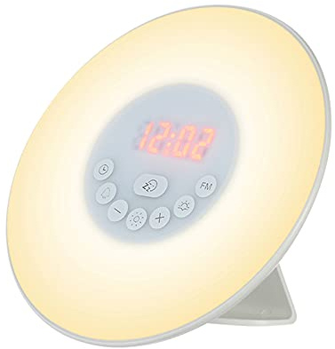 Hyexu Lichtwecker Simulation Sonnenaufgang/Sonnenuntergang Simulation Digitaluhr mit FM-Radio 7 Farben Licht Natur Sound Snooze Touch Control