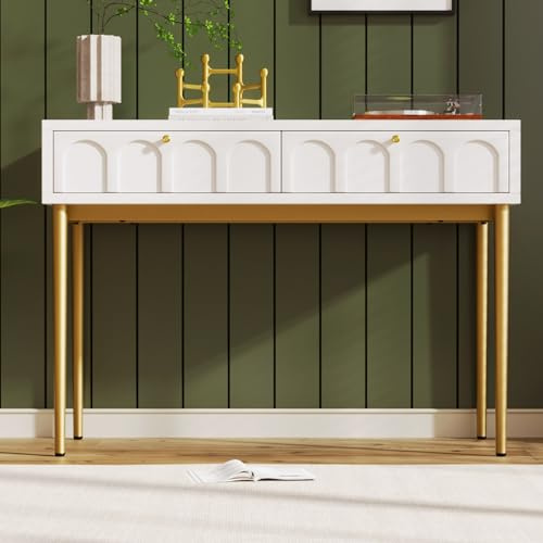 KOMHTOM Commode élégante de couleur blanche, buffet avec deux grands tiroirs, armoires pour salon, couloir et chambre à coucher, 140 x 40 x 84 cm (C)