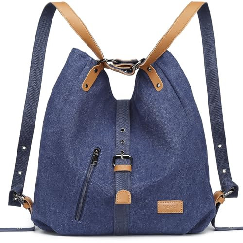 KONO Canvas Handtasche Damen Rucksackhandtaschen Rucksack 2 in 1 Umhängetasche damen Verstellbare Schultergurte für Alltag Büro Schule Ausflug Einkauf(Blau)