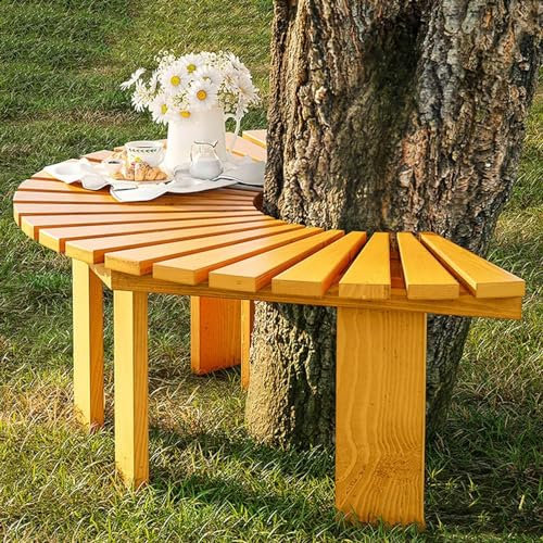 Massivholz Outdoor Garten Baumbank, Gebogene Fächerförmige Runde Parkbank mit Lattensitz, rückenfreie Terrasse, halbrunde Baumbank für Außenhofmöbel