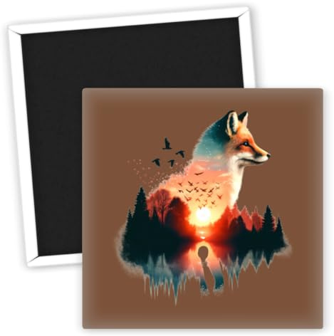 Fuchs Tiermotiv mit Sonnenuntergangsbild - Kühlschrankmagnet Fuchs - Tierische Kühlschrankmagnete - Niedliche Tiermagnete - Deko Magnet für Tierliebhaber - Fuchs Geschenkideen - Kühlschrankdeko Tiere