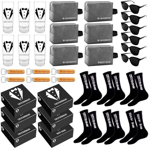 Mhoel 36Pcs Groomsmens Gifts Set, 6pcs Each: Shot Glasses, Black Socks, Oxford Bags, Sunglasses, Bottle Openers, Proposal Boxes - Wedding Bachelor Party for Groomsmens
