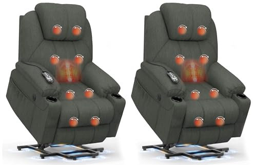 BareTay Recliner Armchair-Set of 2, Lift Chair For the Elderly, Power Recliner Chair with Massage & Heat, Extended Footrest, Type C+USB Ports, 2 Cup Holders, Dual Side Pockets Reclining Chairs