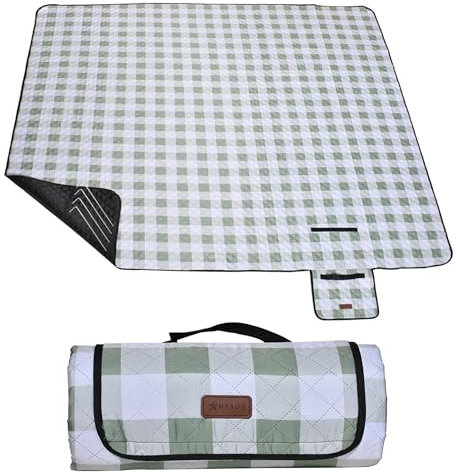 HX&OD Picnic Outdoor Blanket, Extra Large, 80''x80'' Waterproof Foldable Blankets Gingham Picnic Mat for Beach, Camping Grass Lawn Park Accessories Cute Couple Ideas Wedding (Green, 80”x60”)