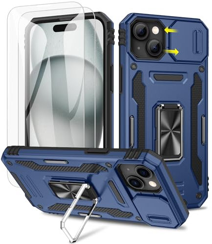 Doeshine Hülle für iPhone 15, Handyhülle mit 2 Stück Displayschutzfolie & Kameraschutz, 360° Rotate Metal Ring Ständer, Robust Fallschutz Case Outdoor Militär Schutzhülle für iPhone 15（Blau）