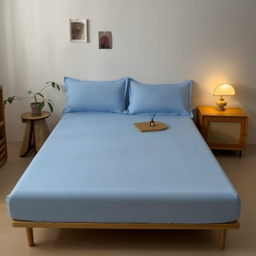Boxspringbett Spannbettlaken 160x200cm Baumwolle, Spannbetttücher Blau Einfarbig Bettlaken Matratzenhöhe 11-26cm