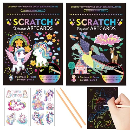 Georgie Porgy Kratzbilder Set DIY Bastelsets für Kinder Magic Rainbow Scratch Paper Kratzpapier Kratzbuch Ostern Weihnachten Geburtstagsgeschenk für Jungen Mädchen (Einhorn Rapunzel)
