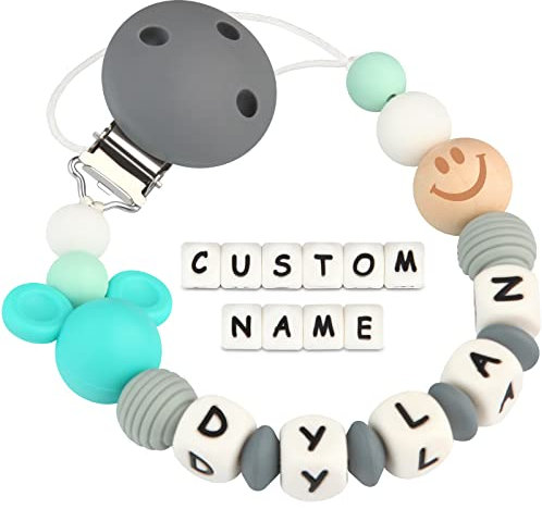 Kowlone Clip Ciuccio con Nome Personalizzata Catenella Portaciuccio Micky Mouse Porta ciuccio per Bambini(Grigio)
