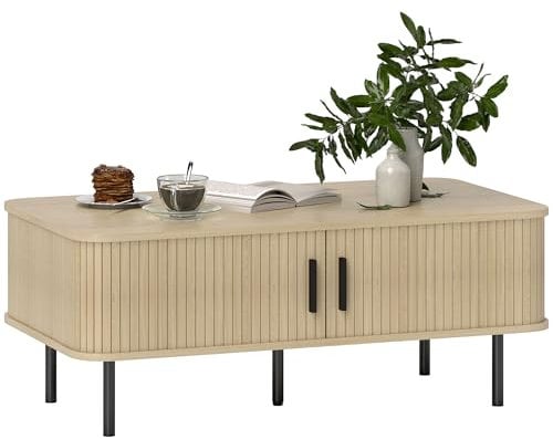 HOMCOM Coffee Table with Storage, Living Room Table with Slatted Tambour Sliding Doors and Foot Pads, Rectangular Coffee Table with Elevated Base for Living Room, Oak