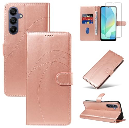 Reshias Cover per Samsung Galaxy A16 4G / 5G con 1 Pezzo Vetro Temperato Pellicola Protettiva, Pelle PU e Flip Custodia, Funzione Supporto e Portafoglio Caso (Oro Rosa)