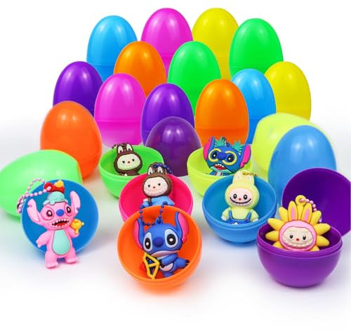 iWinvi 12 Stück Gefüllte Ostereier Kinder mit 12 Mini Cartoon Figuren Schlüsselanhänger, Ostern Schlüsselkette Spielzeug Plastikeier zum Befüllen Befüllbare Ostergeschenke Baster Filler Stuffer
