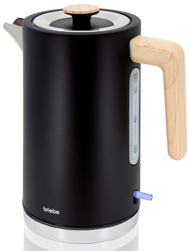 briebe Nordic Wasserkocher 1,7L Elektrischer Teekocher 2200W Schnell Aufheizender, BPA-frei, 360° Sockel, Strix Controller, Automatische Abschaltung, Kabellos, Nordisches Design, Holzoptik, Schwarz