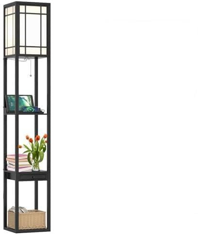 FANTASK Stehlampe Wohnzimmer 160cm, E27R-A, mit 2 USB Anschlüsseln, 3 Ebenen Stehleuchte mit Schublade, Schwarz