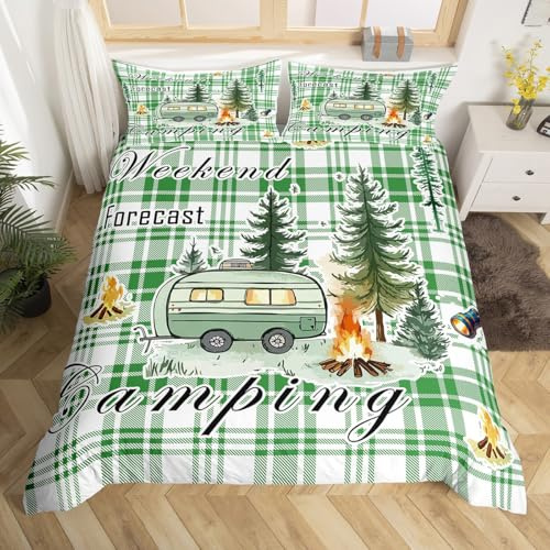 Loussiesd Camper Bettwäsche Set 155x220cm Happy Camping Betten RV Camping Cartoon Auto Bettwäsche-Set Camper Zubehör für Reiseanhänger Bettbezug für Kinder Mädchen Jungs