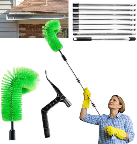 Chovbe 9-Section Telescopic Gutter Cleaning Tool - 10.5ft/3.2M Aluminum Extendable Gutter Cleaner Pole with Angled Brush for Leaves/Debris Removal, Roof, Window, and Solar Panel Cleaning