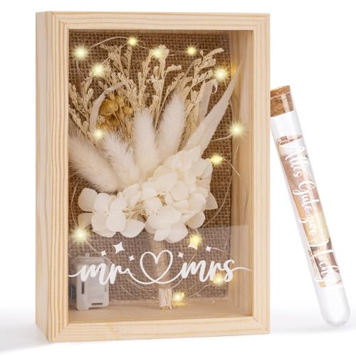 YYSWSAKY Geldgeschenk Hochzeit Rahmen, 3D Bilderrahmen mit Trockenblumen, Licht und Reagenzglas, Hochzeitsgeschenk Geld Verpackung, Hochzeit Geschenke Ideen Geld Rahmen für Brautpaar, Frisch Verliebte