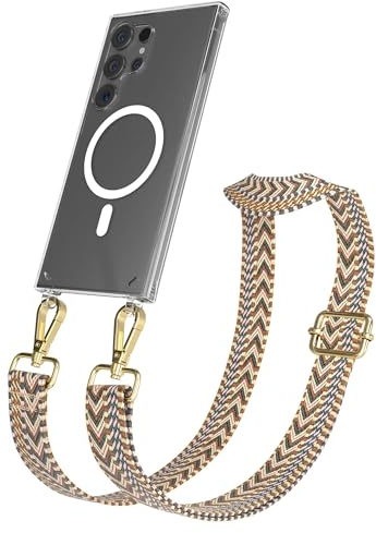 EAZY CASE Handykette - Verstellbares Taschenband kompatibel mit Galaxy S24 Ultra, Schulterriemen, Handykordel mit Silikon Hülle, Qi Charging kompatibel, Umhängetasche, Braun Gold