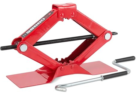 Amazon Basics Cric Ciseaux Portable pour Voiture, Capacité 1,5t, Hauteur de Levage 9,4cm à 39,4cm, Autobloquant, Rouge