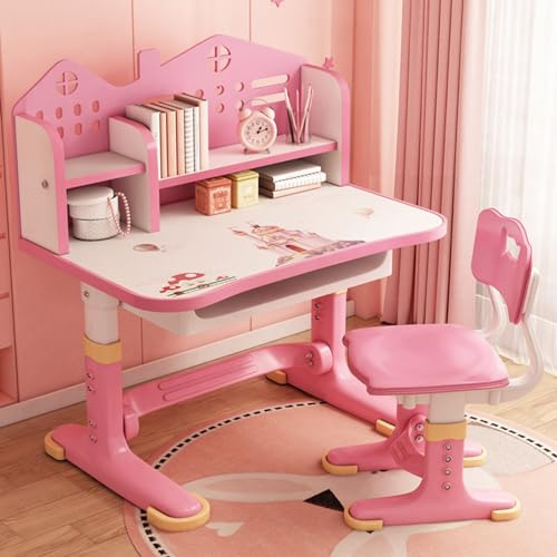 Napacoh Kinderschreibtisch Höhenverstellbar, Tisch und Stuhl Set mit Schublade Kinderzimmer Möbel Mädchen Junge, Chreibtisch und Stuhl Set Cartoon-Muster für Alter 3-12 Jahre(Rosa, A)
