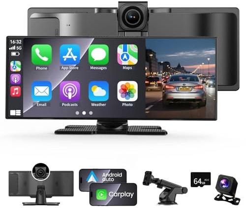 10,26 Zoll Wireless Carplay Display Für A-ppIe CarPlay und Android Auto mit 4K Dashcam 1080P Rückfahrkamera,Android Display IPS Touchscreen mit AUX/FM,64G TF,Split Screen,Mirror Link,Bluetooth