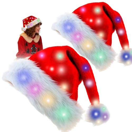 CLIUNT LED Weihnachtsmütze, 2 Stück Weihnachtsmütze Nikolausmütze mit leuchtendem, Erwachsene & Kinder Weihnachtsmützen Rot, für Weihnachten Partys Feiertage und Neujahrsgeschenk