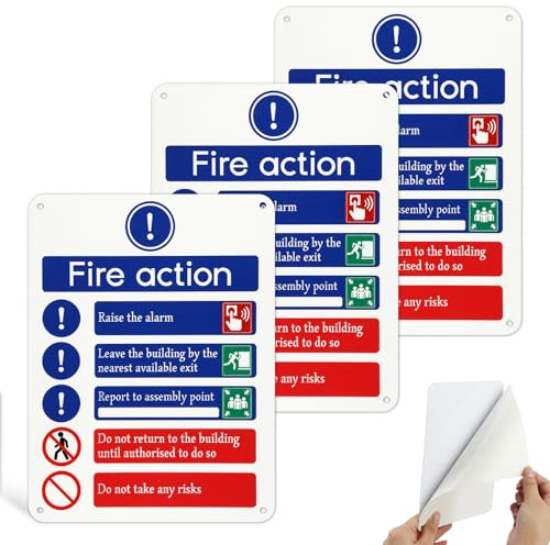 Pinboov 3 Pack Fire Action Notice Sign 15x20cm Reflective Aluminium | Fire Action Sign, Self Adhesive Backing, Pre Drilled Holes, Weatherproof Rust Free for Indoor Outdoor