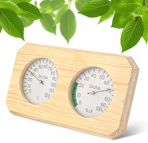 Weciau Sauna Thermometer Hygrometer Holz 2 in 1, Hochpräzises Sauna Zubehör zur Messung von Temperatur und Luftfeuchtigkeit für Dampfbad Saunaraum, 26.7 x 14 x 3 cm