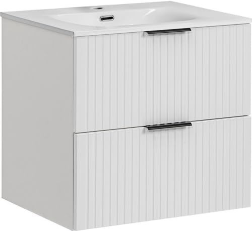 WFL GROUP Waschtischunterschrank mit Integriertem Keramik-Waschbecken – Wandhängend, Geriffelte Soft-Close-Schubladen, Rillenfronten in Weiß Matt – 60 cm Breit