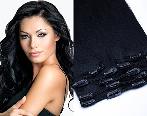 Clip In Extensions Echthaar Haarverlängerung GlamXtensions 7 - teilig in der Farbe Nr. 01 Schwarz und Länge 70cm / Gewicht 100g - Remy Echthaar
