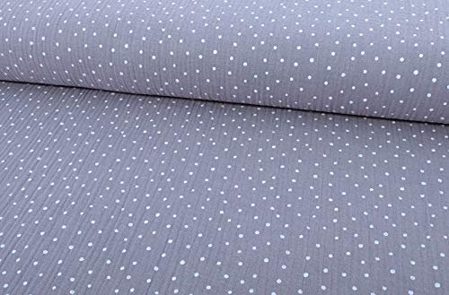 Musselin, Double Gauze Baumwollstoff in Grau mit weißen Punkten als Meterware, 50 cm